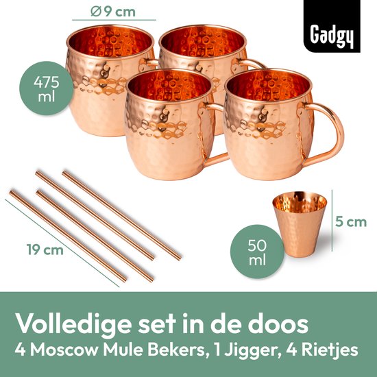 Gadgy Moscow Mule Cups 4-Piece Set - 100% Copper - Cocktail Set : 4 verres à cocktail, 4 pailles et 1 mesure de bar - Cadeau pour femme et homme