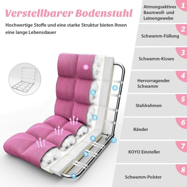 Fauteuil de sol réglable Coast – 14 positions d'inclinaison du dossier – 106,5 x 55,5 x 10 cm – Rose foncé