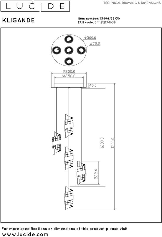 Lucide KLIGANDE - Suspension - Ø 30 cm - LED à intensité variable - 5x8 W 2700 K - Noir