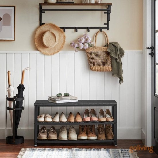 Goliving Rangement de chaussures - Banc de chaussures - Banc d'entrée - Industriel - 30 x 80 x 45 cm - Métal - Bois noir