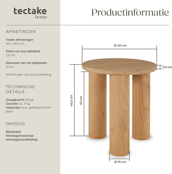 tectake® Table d'appoint ronde Sisi - Ø 40 x 45,5 cm - Pieds en bois massif - Table basse - Table de lit - Table ronde avec protections antidérapantes pour le sol