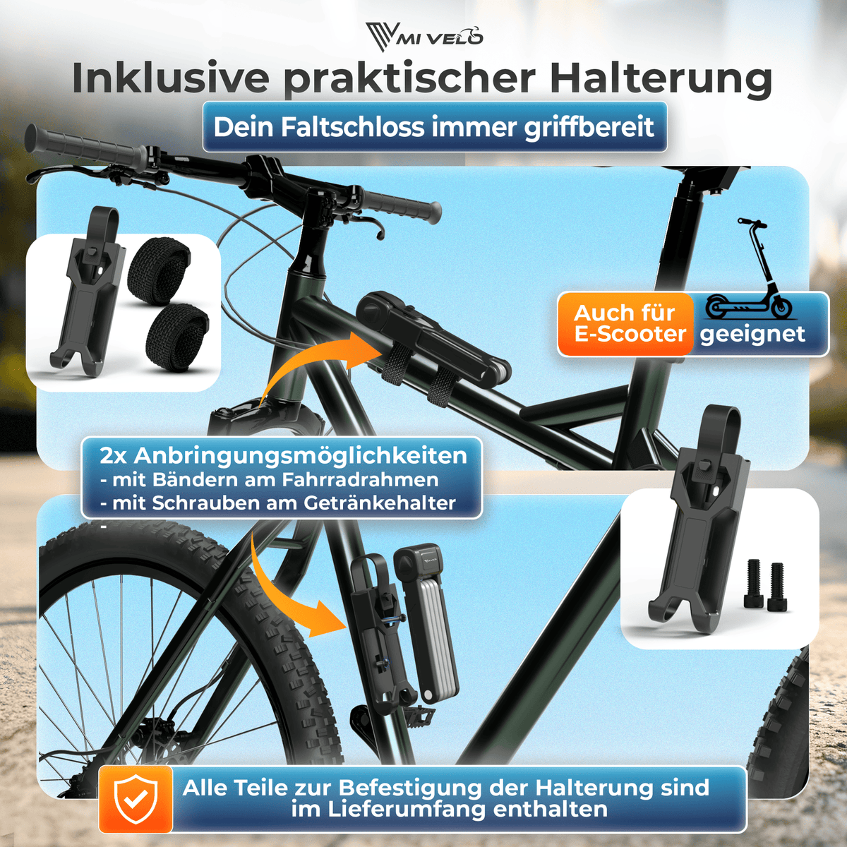 Antivol de vélo MIVELO Faltschloss avec clé – 85 cm – Noir – Acier au carbone