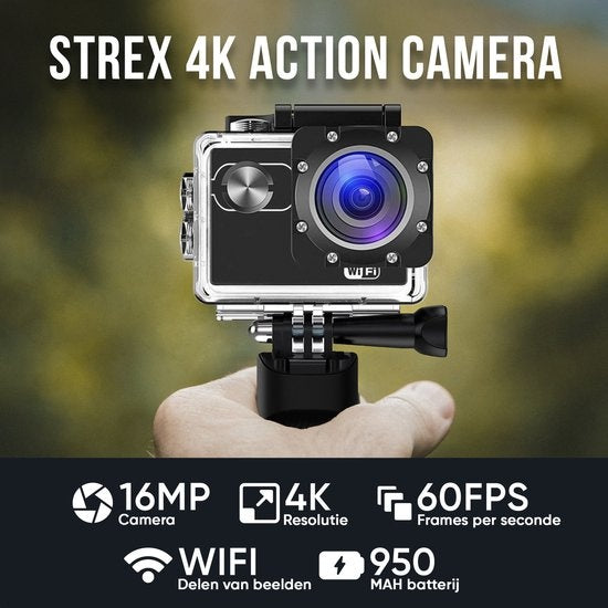Strex Action Camera 4K 16MP - 60FPS / 30M Waterproof / WiFi - Accessoires inclus - Caméra d'action - Caméra sous-marine