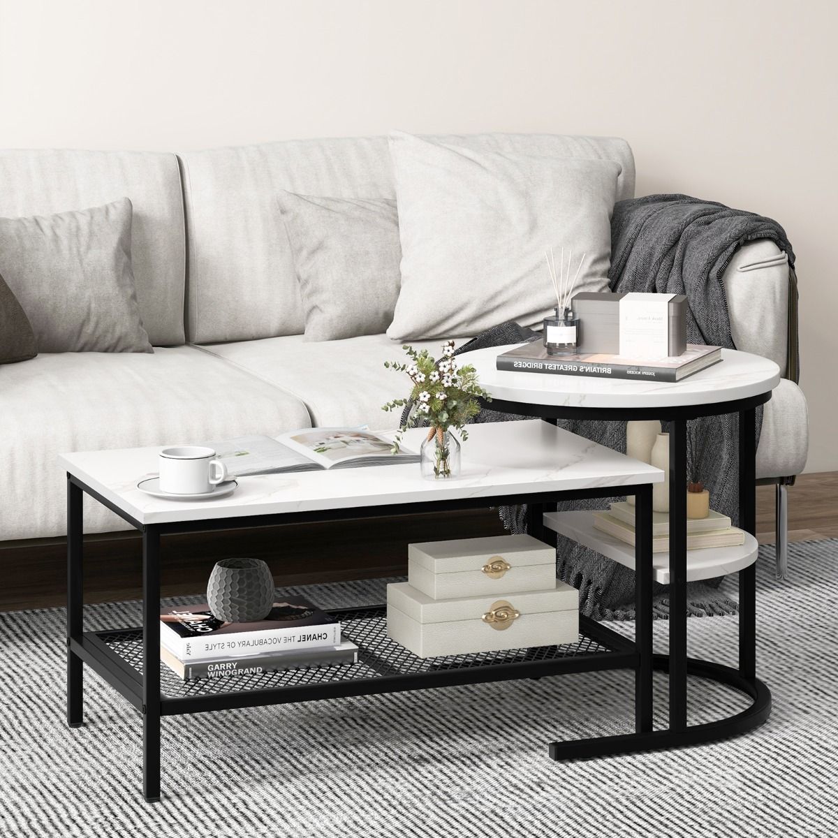 Ensemble de tables d'appoint Coast - table basse et table d'appoint - plateau aspect marbre - noir et blanc