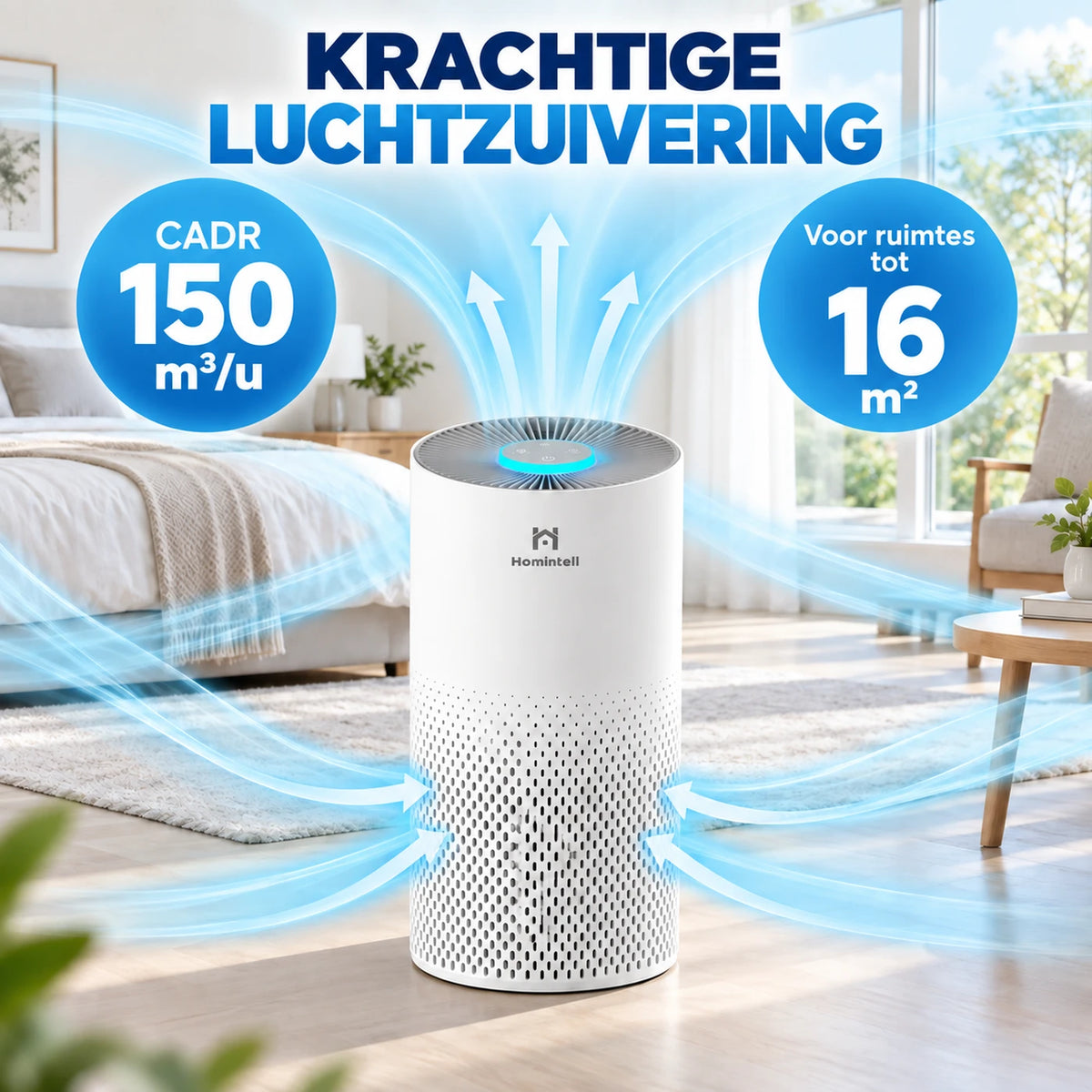 Purificateur d'air Homintell Kilo - HEPA H11 et charbon actif - 130 m³/h - 16 m² - 3 vitesses - Capteur PM2,5 - Commande tactile - 195 × 195 × 388 mm