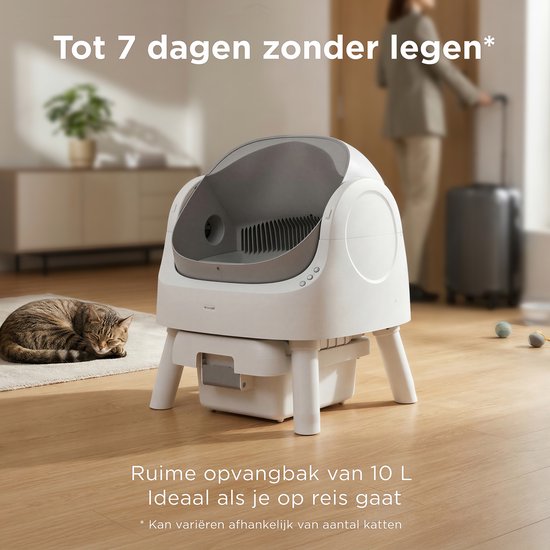TrevoPet® Bac à litière automatique - autonettoyant et sûr - pour chats jusqu'à 12 kg - tapis, 60 sacs à déchets et accessoires inclus - poubelle de 10 litres - blanc et gris