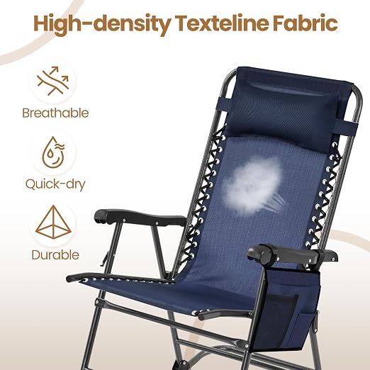 Fauteuil à bascule pliable d'extérieur Yaheetech - Bleu foncé - Fauteuil de détente avec oreiller et porte-gobelet