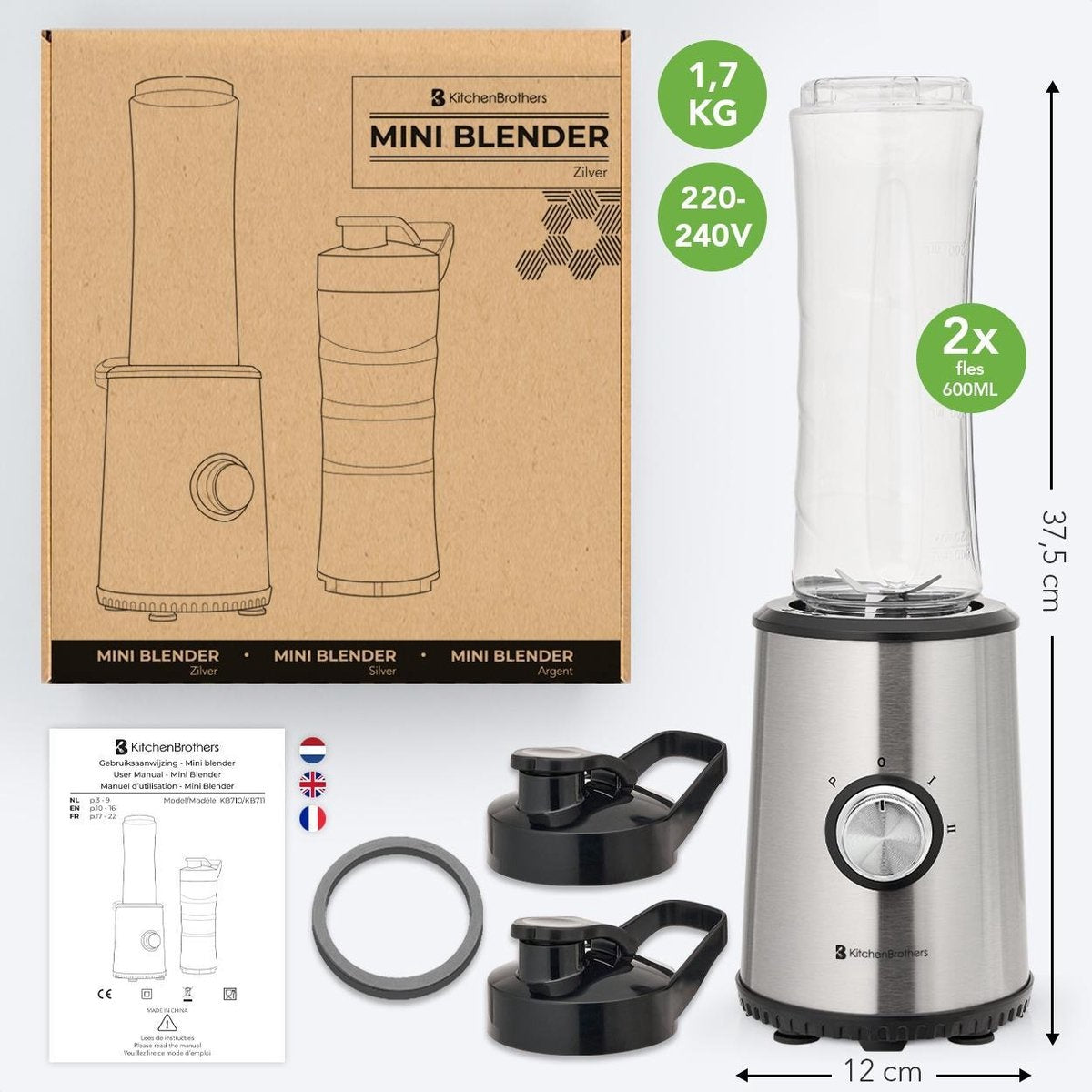 Mini Blender - KitchenBrothers - 2 gobelets à emporter - 350W - acier inoxydable