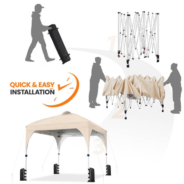SOBERINE Pavillon pliant pop-up 3 × 3 m avec sac à roulettes, sacs de sable et piquets, beige