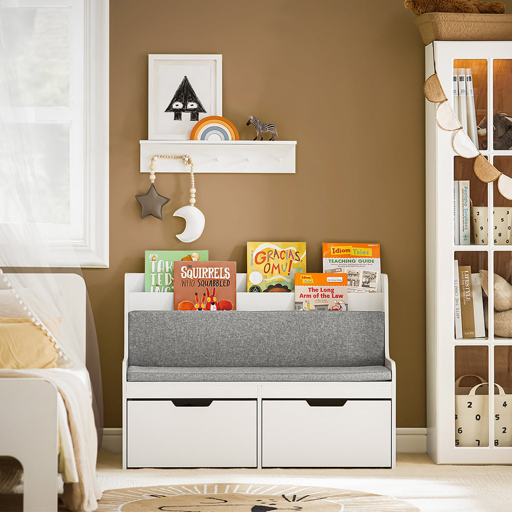 SoBuy Banc de rangement pour enfants avec bibliothèque - 2 Tiroirs - Max. 120 kg - 100 x 45 x 70 cm - Blanc / Gris