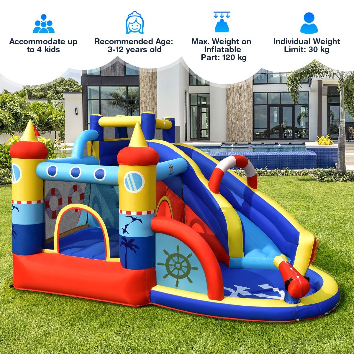 Château gonflable Coast « Bateau pirate » - Parc aquatique 5 en 1 avec toboggan et mur d'escalade - Pistolet à eau et ventilateur inclus - 360 x 290 x 200 cm