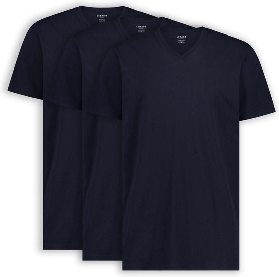 LEBASQ - T-shirt Davis pour homme - Lot de 3 - col en V - extra long - peut servir de sous-vêtement - bleu marine - taille L