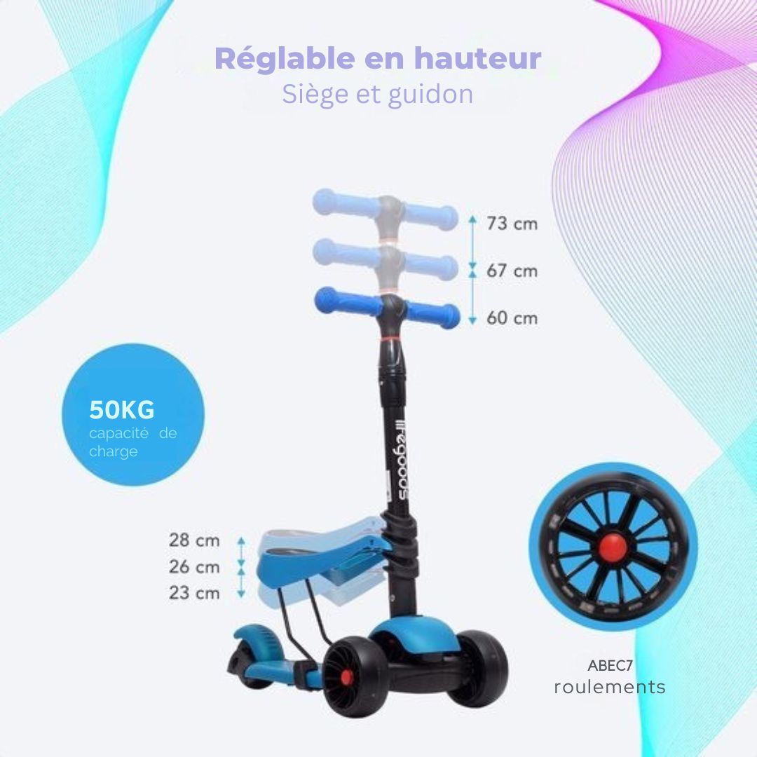 Scooter pour enfants LifeGoods MultiRider - Étape 3-8 ans - Siège réglable - Roues lumineuses - Garçons/Filles - Bleu