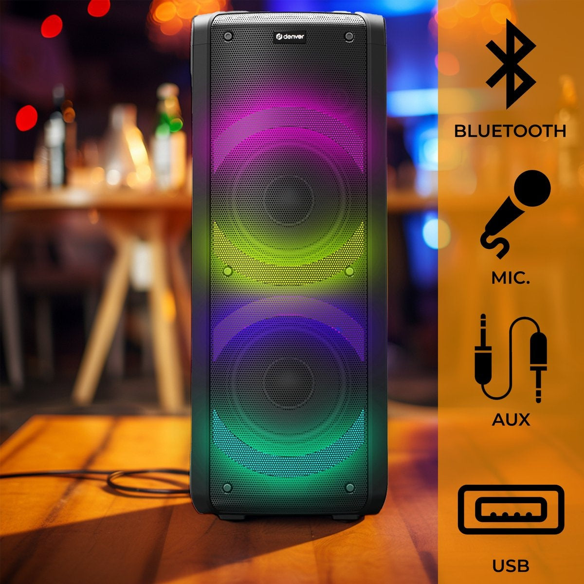 Haut-parleur Denver, Bluetooth, Party Box Disco, Lights, Noir