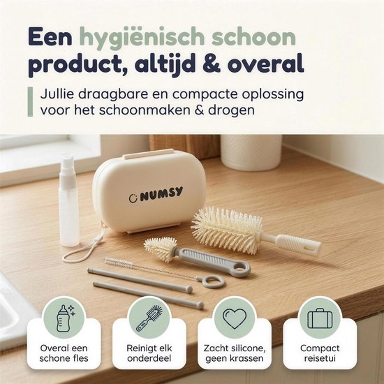 Kit de brosses pour biberons Numsy « On The Go » - Brosse pour biberon en silicone - Brosse pour biberon longue