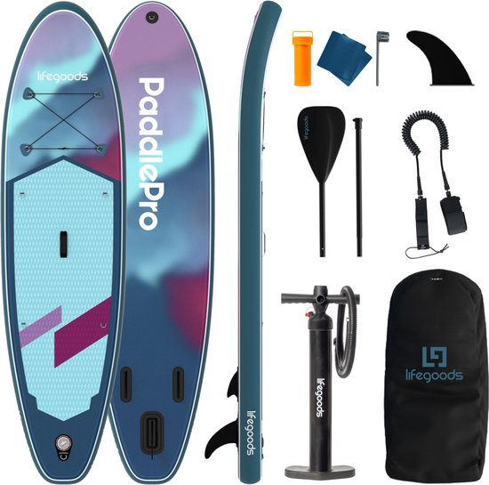 LifeGoods SUP Board All-round Compact - 100 KG Load Capacity - 300 x 76 cm - Inflatable - Complete SUP Package - Blue/Purple