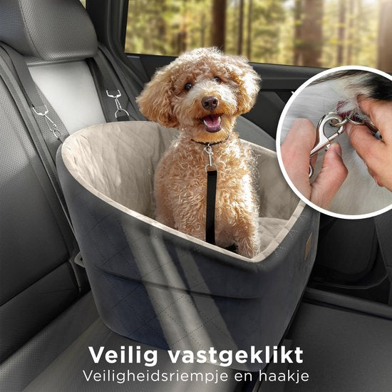 Siège auto pour chien CozySense® - Panier auto pour petit chien - Siège avant et arrière - Avec sangle de sécurité, compartiment de rangement et housse lavable - Noir/Beige