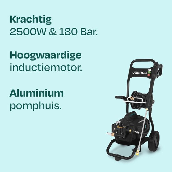 VONROC PRO Nettoyeur haute pression V25-3 - 2500W - 180 bar - 468 l/h - moteur à induction - 15m premium hose - Incl. nettoyeur de terrasse, buse à mousse et 5 buses