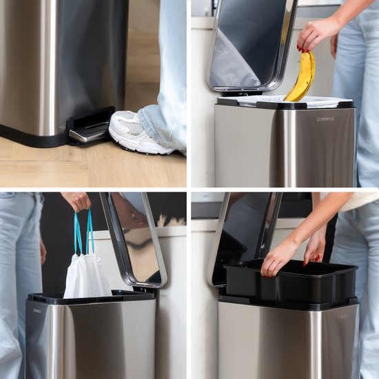 Deleca Trashcan Prestige - 50 Liter - Narrow - Stainless steel Dustbin / Waste Bin / Pedal Bin - With Foot Pedal and Slow Close - Matt Silver