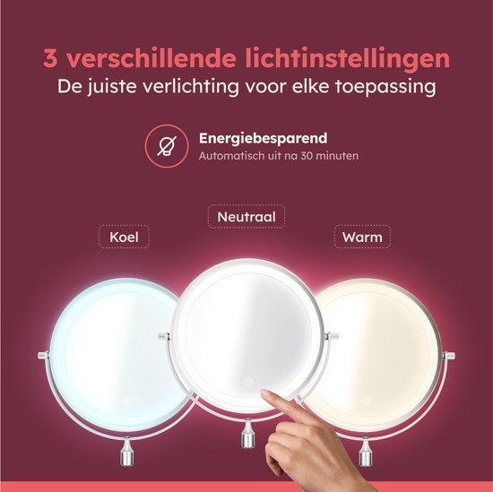 Fraay® Miroir de maquillage avec éclairage LED - grossissement 10x - Miroir grossissant avec lumière - rechargeable - Miroir de rasage - Miroir de salle de bain - Chrome