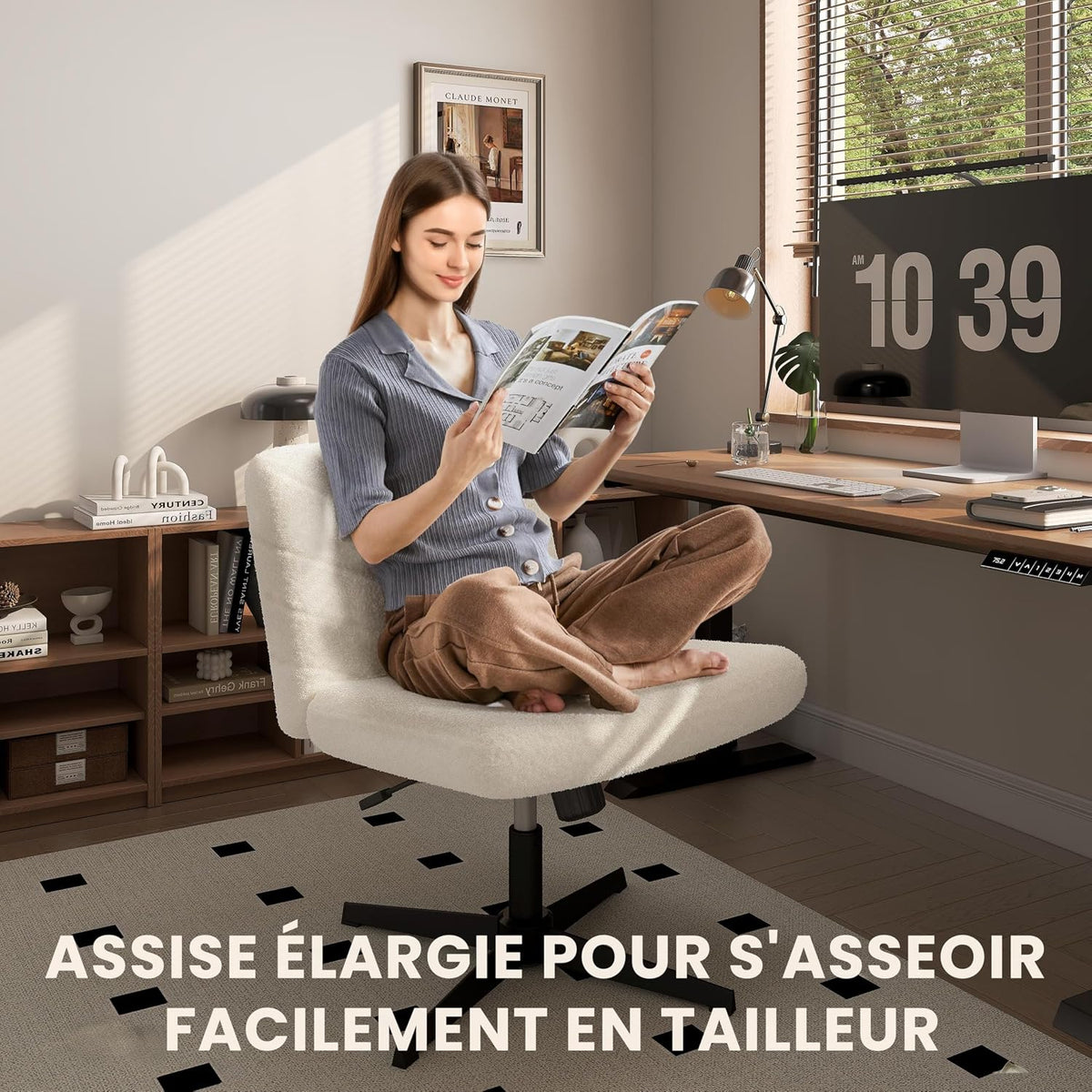 Chaise de bureau ergonomique Yaheetech - Ivoire - Bouclé - Hauteur d'assise réglable - Rotation à 360° - Piètement en croix