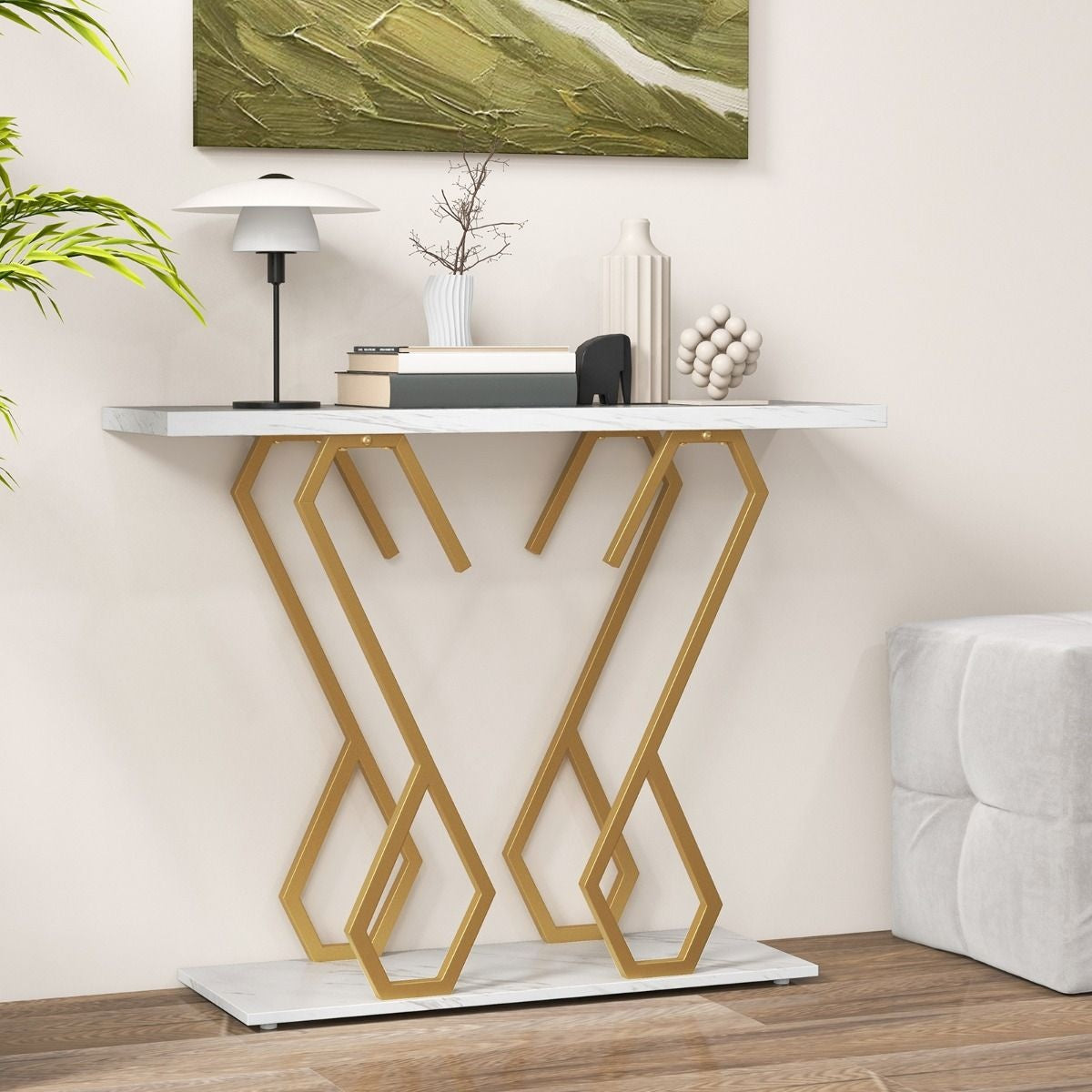 Table d'appoint Coast - aspect marbre - 100 x 30 x 79 cm - blanc/or