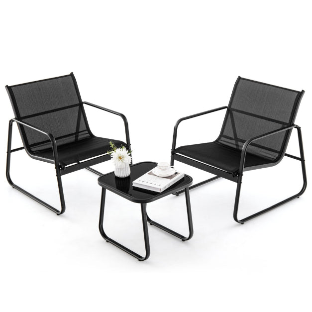 3-Piece Garden Furniture Set Balcony Set with 2 Chairs and Table - Black, Dimensions Chair 58x60x85 cm, Table 60x60x72 cm