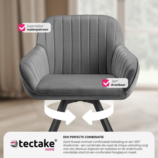 tectake® - Chaise de salle à manger pivotante avec accoudoirs - Chaise ergonomique à coque avec revêtement en velours - Rembourrée - Chaise pivotante pour le salon, la table à manger, le bureau, la coiffeuse et la cuisine - Gris