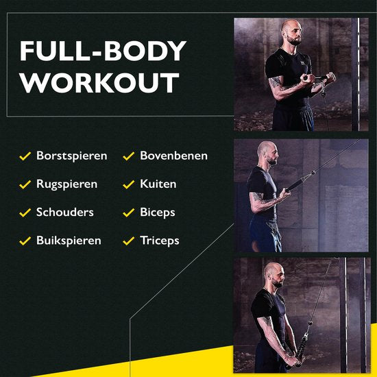 Zoluko Home Fitness Cable System 23-Piece Set - Incl. E-book - Station de musculation pour le sport à domicile - Incl. Triceps Rope, Biceps Rod and Handles - 100kg Carrying Capacity - Easy Attachment - Strength Training - Lat Pulley - Home Gym - Black/Sil