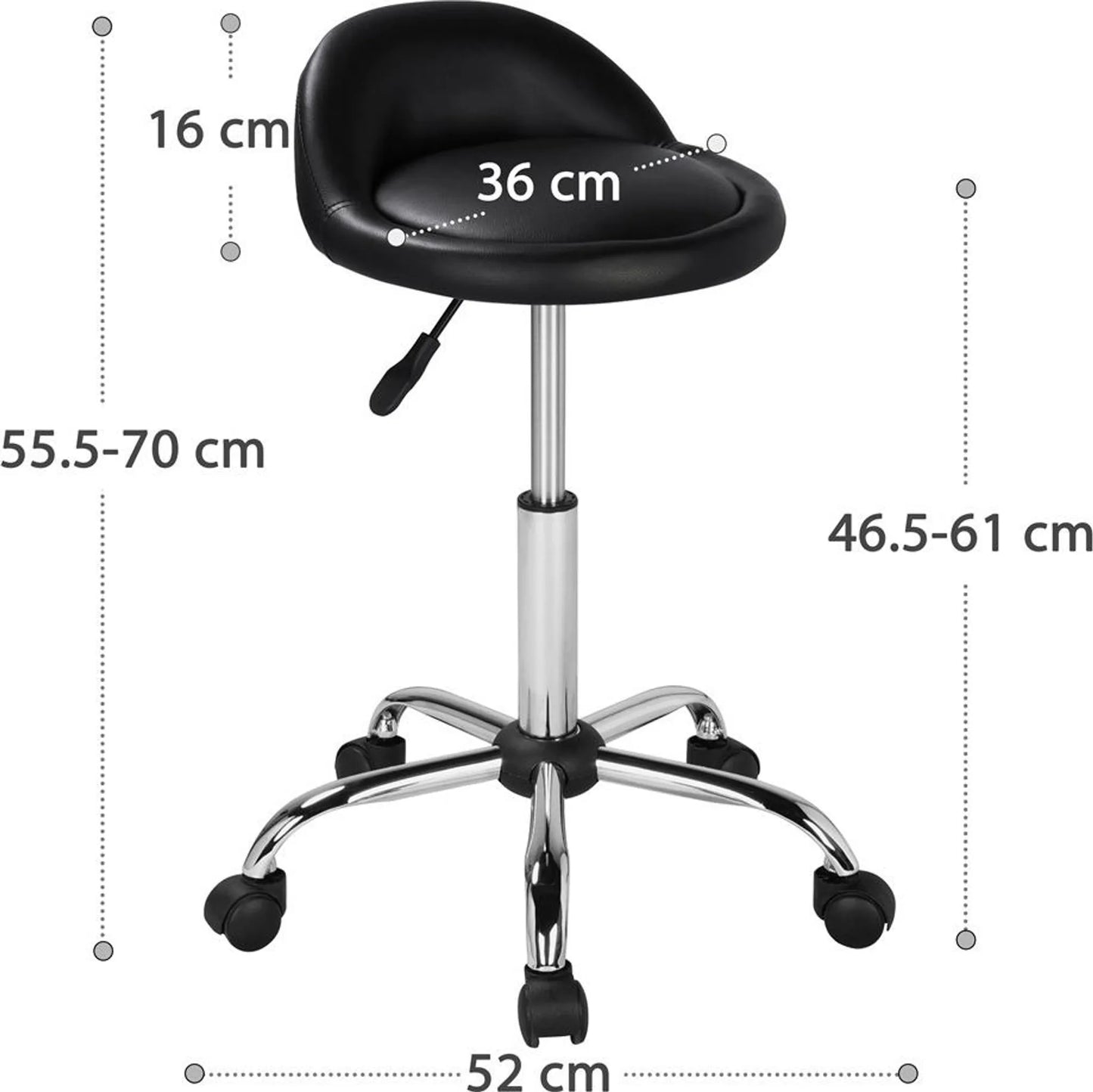 Yaheetech Tabouret de bar sur roulettes avec dossier - avec siège à gaz réglable en hauteur et pivotant à 360° et cadre chromé - pour îlot de cuisine et salon - cuir synthétique PU noir et métal - 52 x 52 x 55,5-70 cm