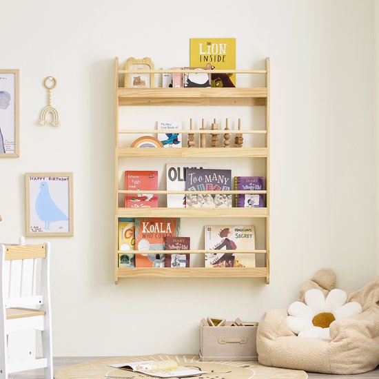 SoBuy KMB08-N Bibliothèque pour enfants, 4 niveaux, meubles, rangement, jouets, bibliothèque, meuble de rangement, étagère, chambre, nature, 80 x 12 x 118 cm