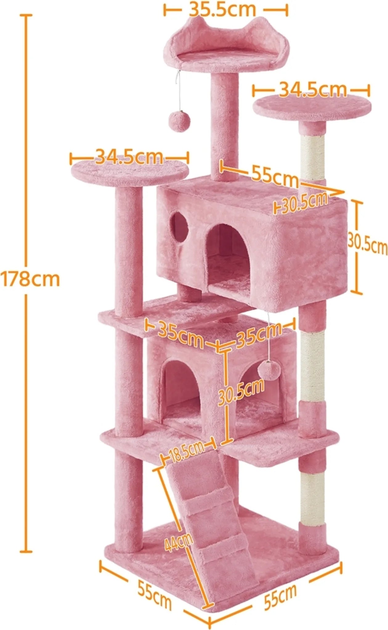 Yaheetech Cat Post XXL avec 3 plateformes d'observation - équipé de 2 maisons pour chats et de 3 griffoirs et d'un dispositif anti-fugue - pour les foyers avec plusieurs chats - peluche rose et sisal - 54 x 54 x 178 cm