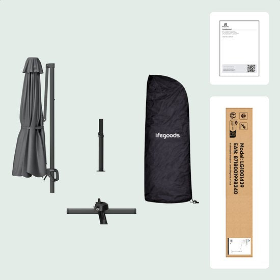 LifeGoods Parasol flottant - 6 pieds - Rotation 360° - Rond Ø300 cm - Housse de protection incluse - Anthracite