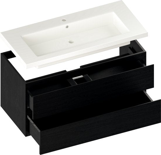 Meuble de salle de bains Mirlux en chêne noir 80 cm - Lavabo blanc - Ensemble de meubles de salle de bains - Meuble-lavabo en chêne noir