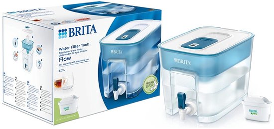 Distributeur d'eau BRITA Flow - 8,2 L – Grande capacité, spécialement conçu pour les familles - Avec 1 cartouche MAXTRA PRO Pure Performance – Emballage durable