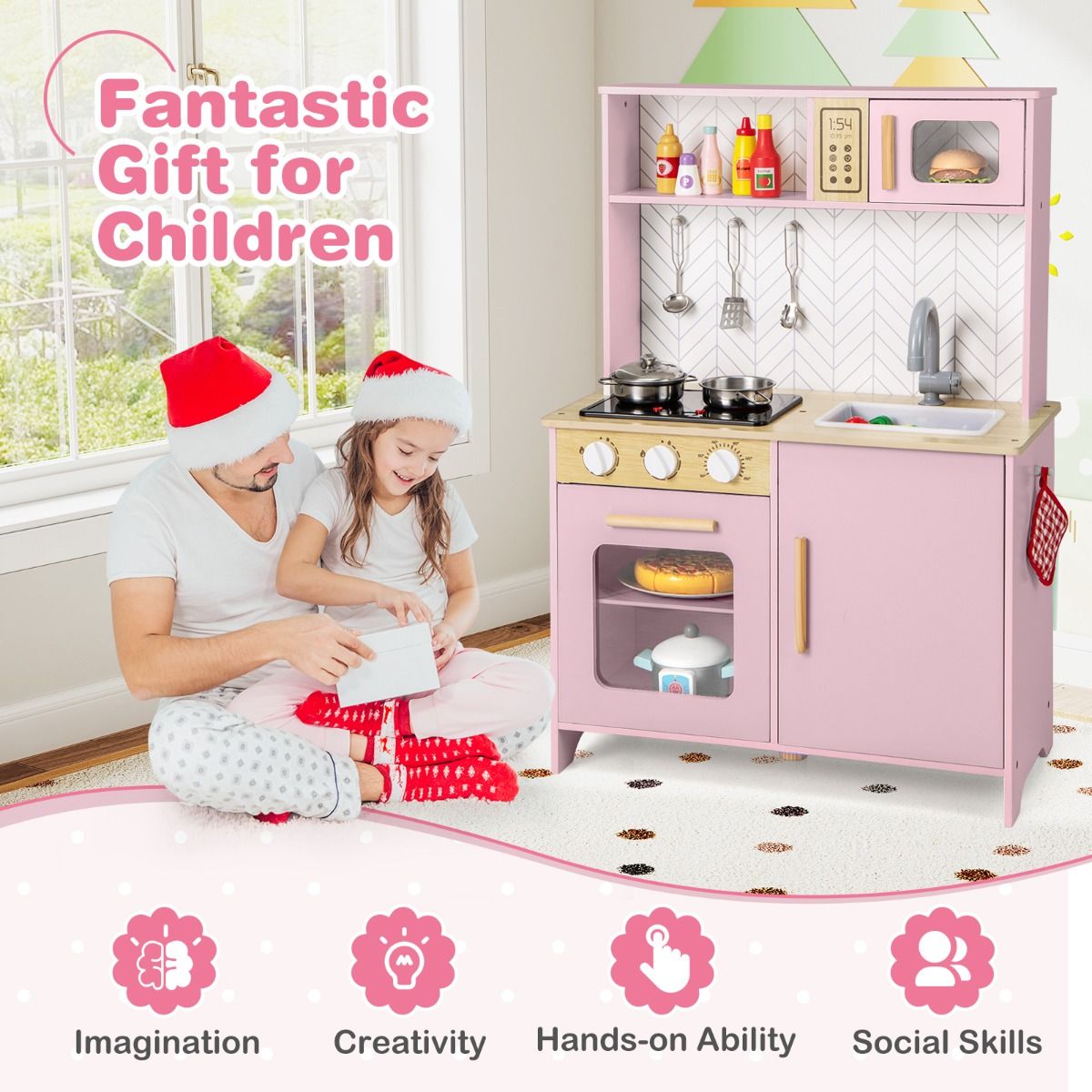 Cuisine jouet en bois Coast pour enfants - lumières et sons - micro-ondes et four - rose