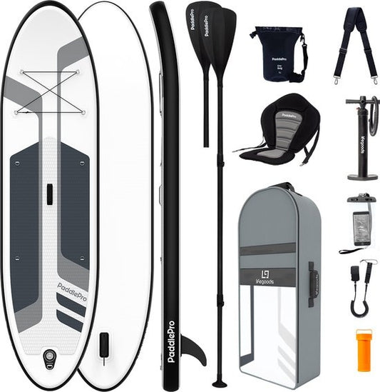 LifeGoods SUP Board - Deluxe Set - avec siège - Planche à pagaie gonflable - Max. 135KG - 320x81cm - Blanc