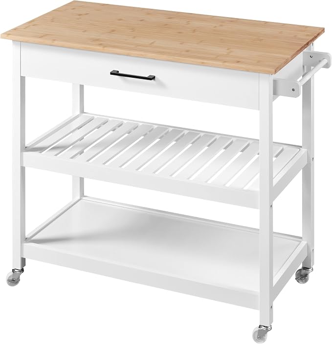 Chariot de cuisine Yaheetech 101,5 x 51 x 92,5 cm - 2 niveaux - tiroir - 4 roulettes - blanc/naturel