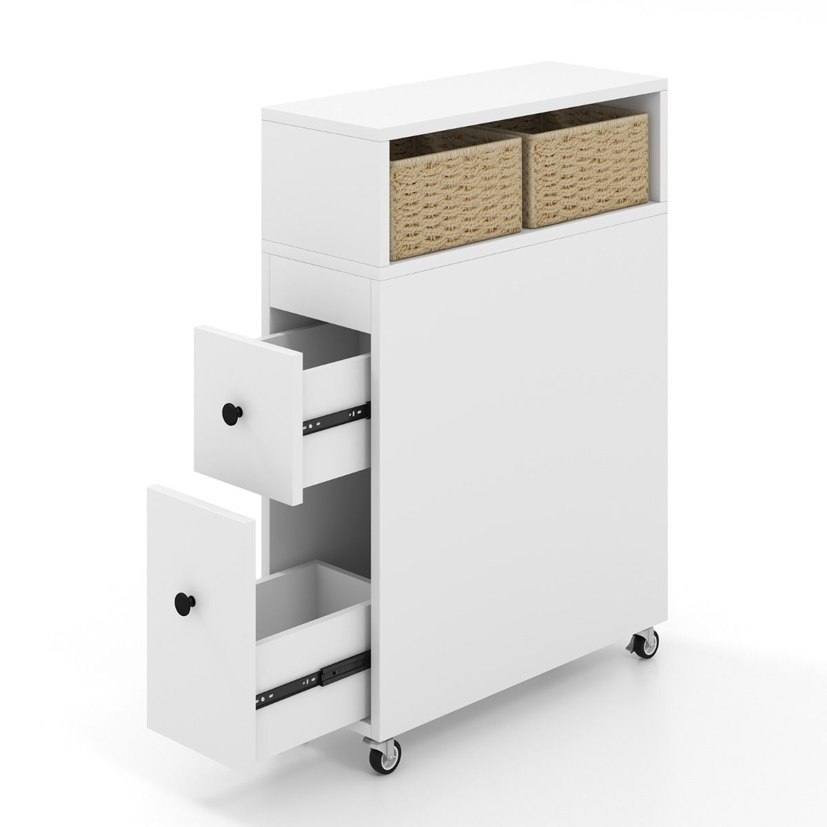 Meuble de rangement étroit Coast sur roulettes - 2 tiroirs - 2 paniers en rotin - 50 x 19 x 72 cm - Blanc