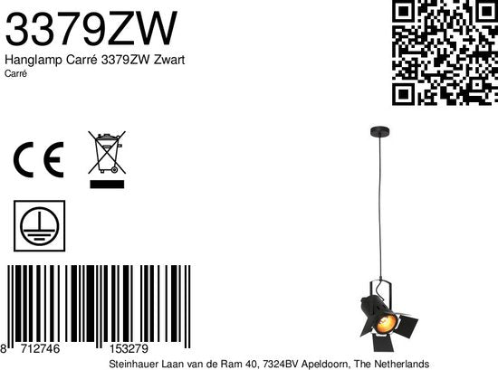 Suspension Carré 3379ZW – lampe industrielle noire, en acier, hauteur réglable de 30 à 150 cm, Mexlite
