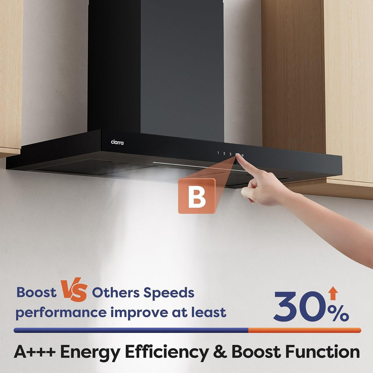 Ciarra CBCB9102 Hotte aspirante 90 cm - 650 m³/h - 4 vitesses avec fonction « Booster » - Wi-Fi et commande tactile - Recirculation - Noir