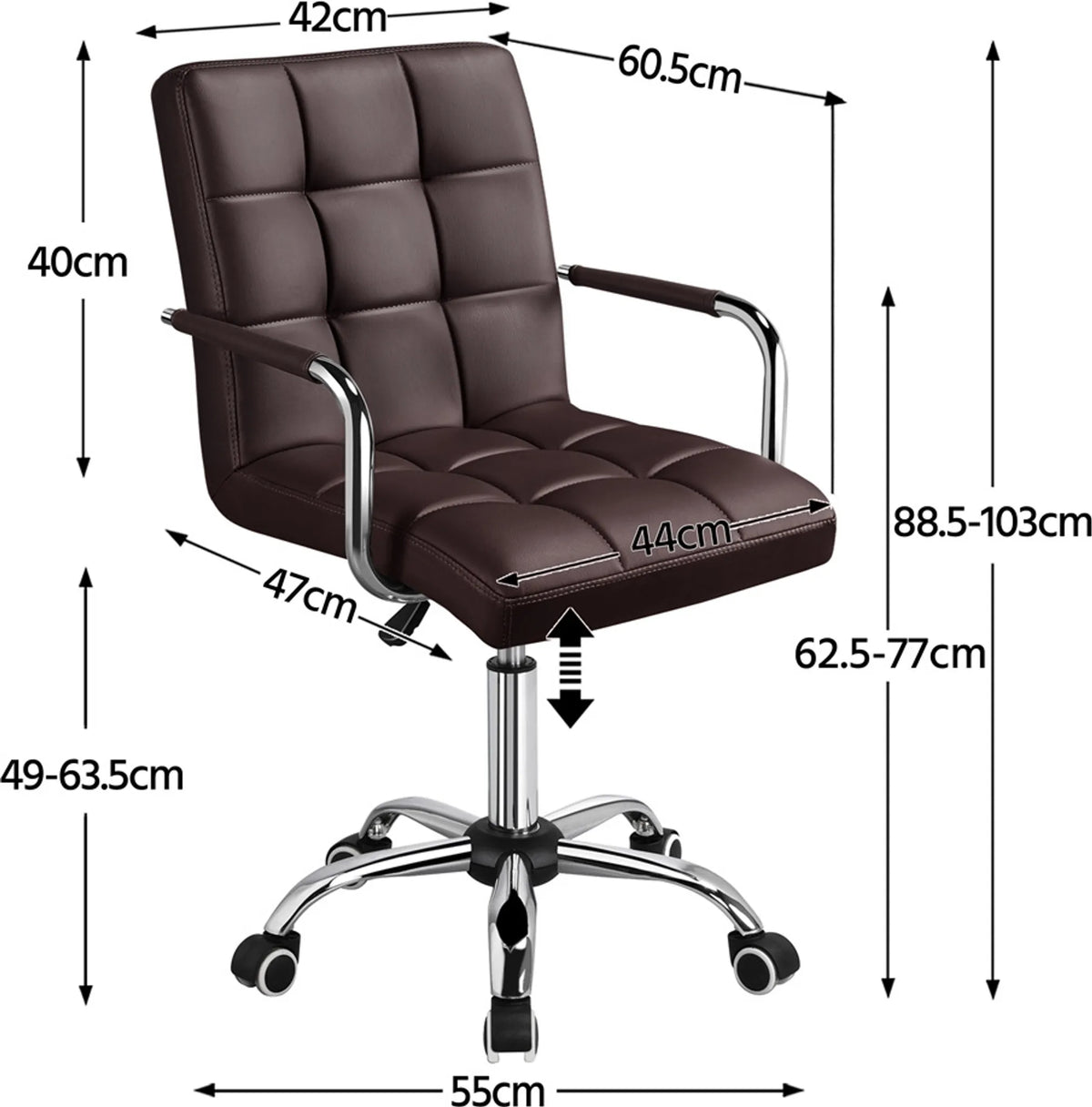 Yaheetech Chaise de bureau à hauteur d'assise réglable - 55 x 60,5 x 86,5-102 cm - équipée d'un rembourrage en mousse confortable, de roulettes insonorisantes et d'une structure en métal galvanisé - pour le bureau et la maison - en similicuir marron et
