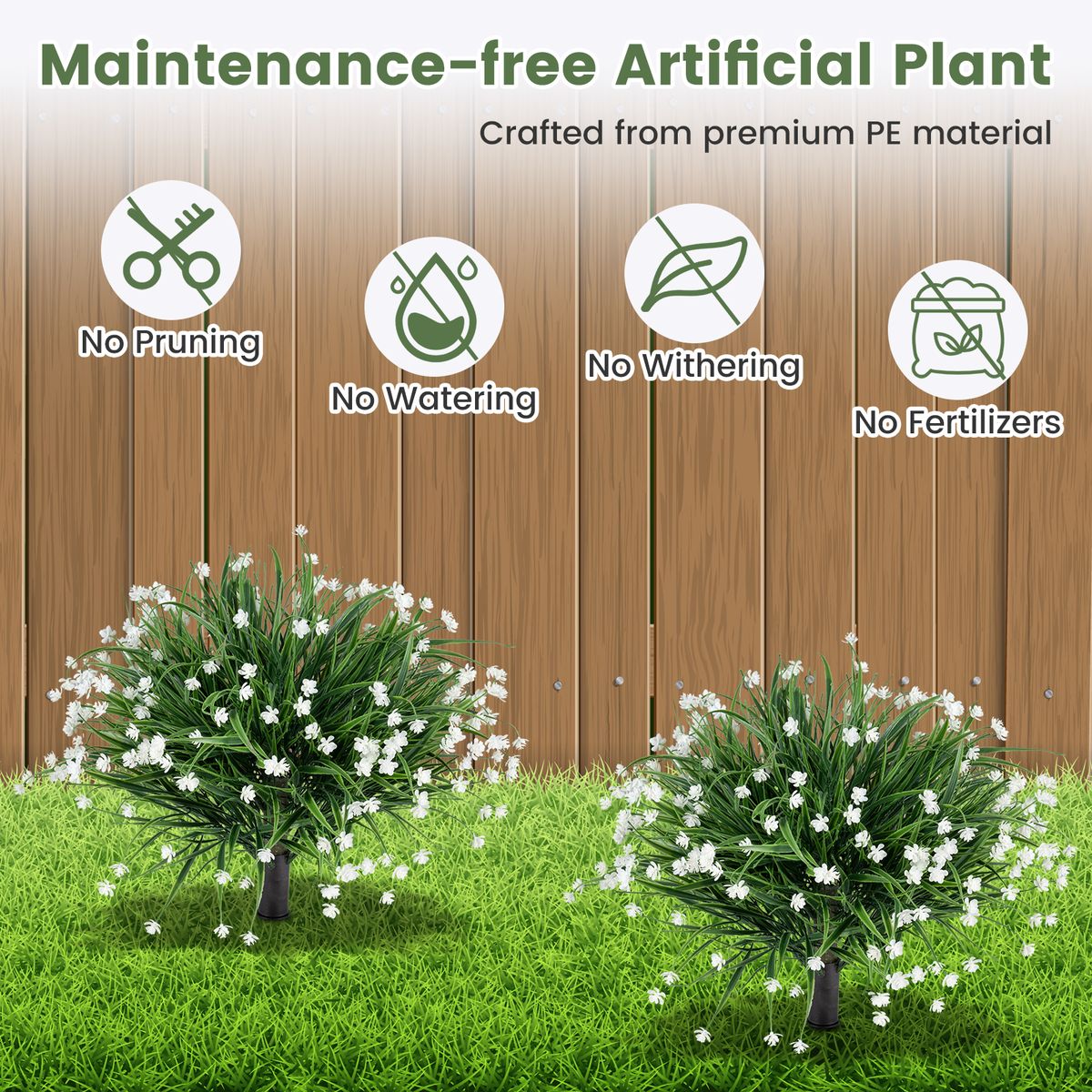Coast - Lot de 2 arbustes décoratifs - Plantes artificielles réalistes - Avec piquets de fixation - Vert et blanc - 70 cm