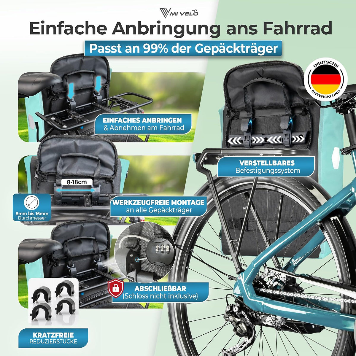 Sac de vélo MIVELO 3-en-1 20 litres - Aqua - Sac à bagages, sac à dos et sac à bandoulière