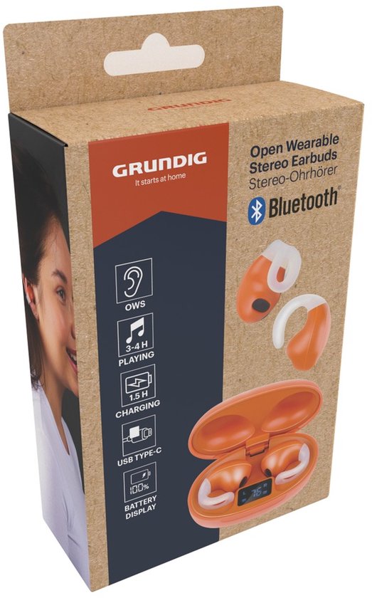 Écouteurs sans fil Bluetooth Grundig - Écouteurs sans fil avec écran LED et boîtier de recharge - Intra-auriculaires avec technologie OWS et chargeur USB-C - Orange