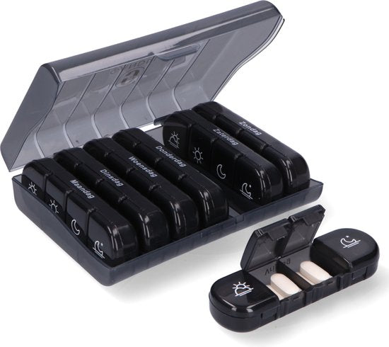 Boîte à pilules Gandria 7 jours - Boîte à pilules amovible - Boîte à médicaments avec 28 compartiments - Boîte à médicaments avec fermeture solide - 4 compartiments par jour - Noir