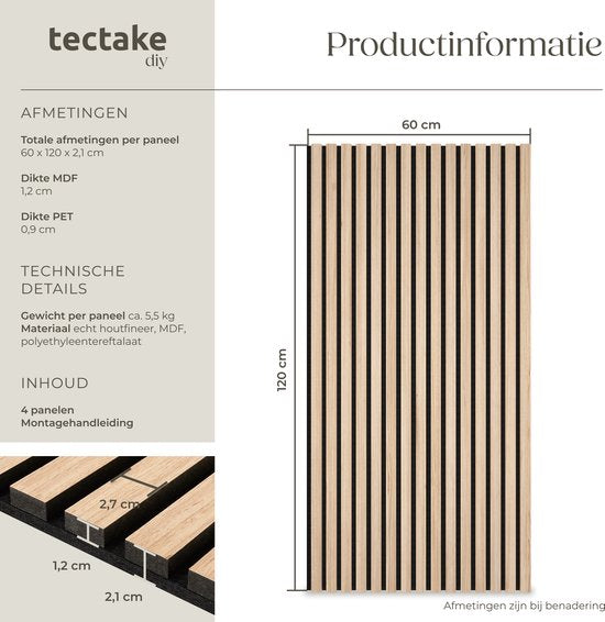 Panneaux acoustiques tectake® - Lot de 4 - Panneau mural acoustique - 60 x 120 cm - 2,88 m² - Panneaux muraux aux dimensions ajustables - Structure à lattes en MDF et placage de bois - Isolation acoustique - Décoration murale élégante - Montage facile - C