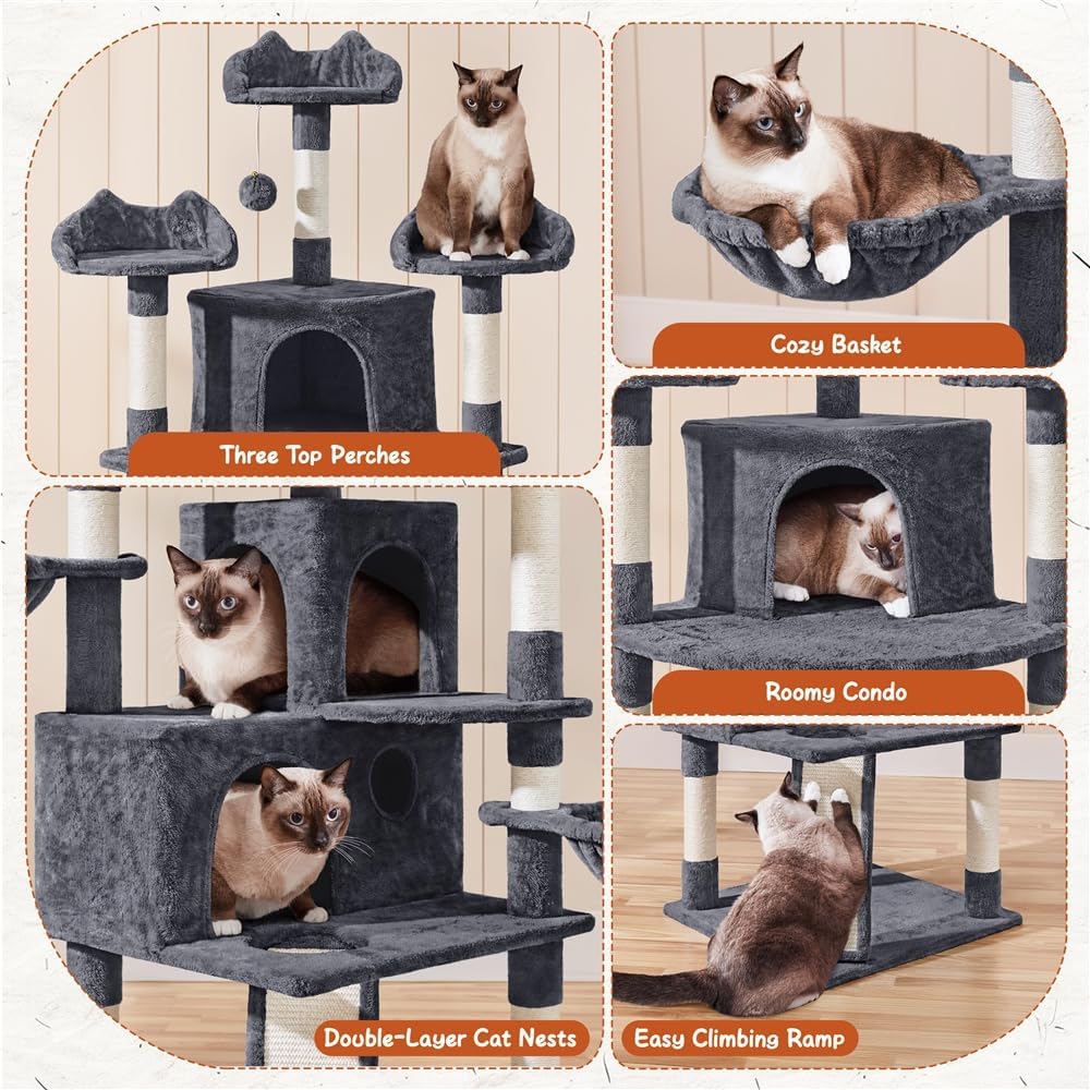 Arbre à chat Yaheetech - 3 maisonnettes pour chats - 194 cm de haut - gris foncé