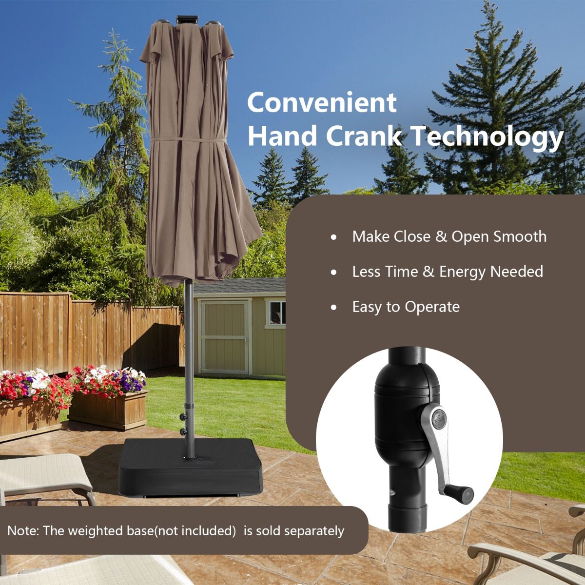 Parasol de terrasse double face Coast 470 x 280 cm - 48 LED avec panneau solaire - Système à manivelle - Marron