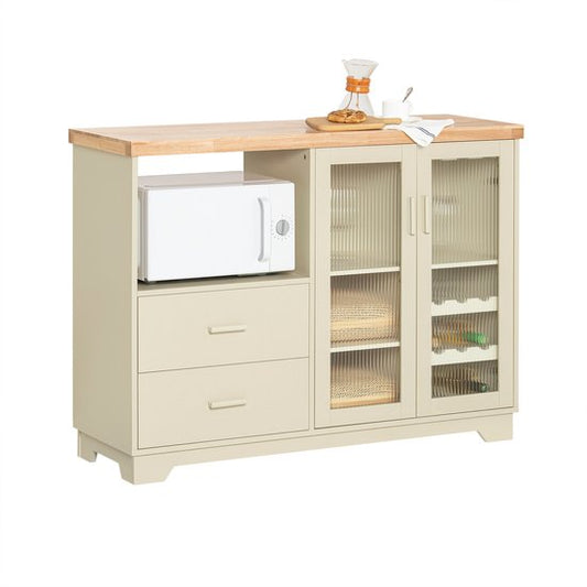 SoBuy - Buffet à tiroirs - 120 x 40 x 90 cm & avec portes en verre - équipé d'étagères intérieures et d'un porte-bouteilles - pour la cuisine, le salon ou l'entrée - Mdf laqué beige